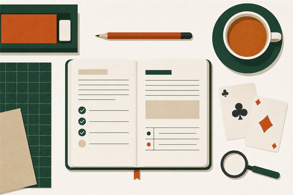 Flat illustration of a reviewer's desk with an open checklist notebook, tea, playing cards and a magnifying glass