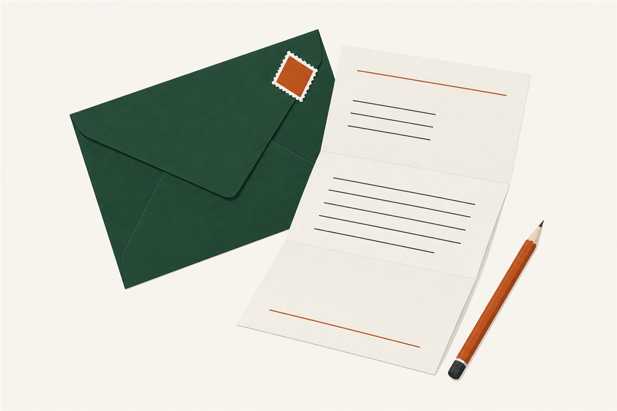 Flat illustration of a green envelope with a diamond stamp, a folded letter and a pencil