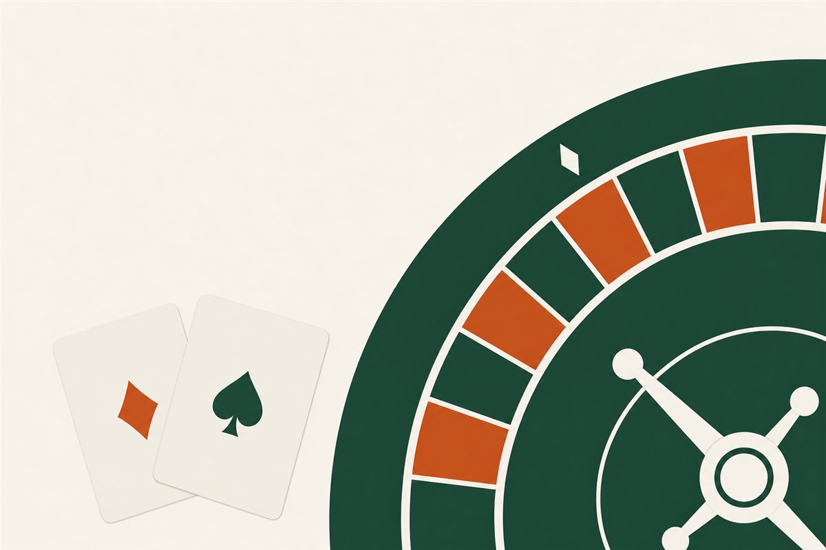 Flat illustration of a roulette wheel segment beside two playing cards