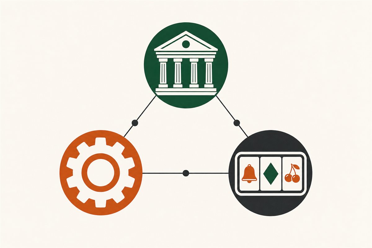 Flat diagram of three connected emblems: a regulator building, a gear and a slot reel