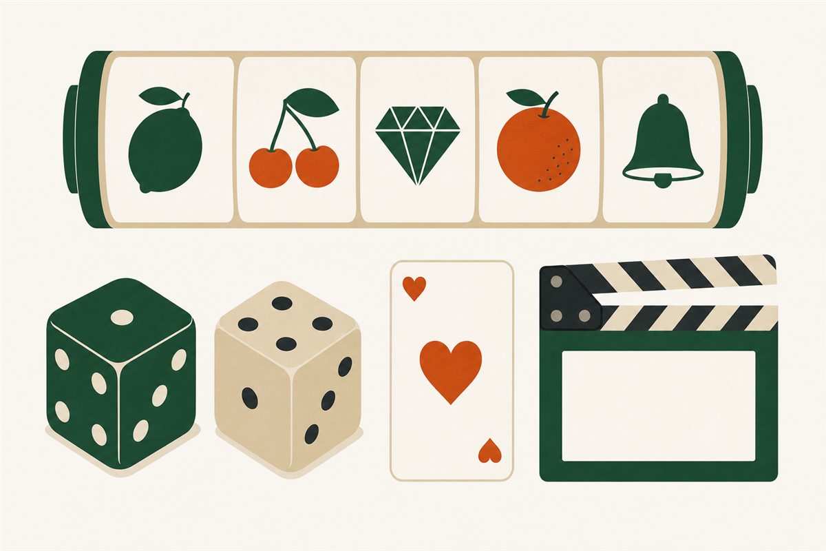 Flat illustration of a slot reel strip, dice, a playing card and a clapperboard laid out in a grid