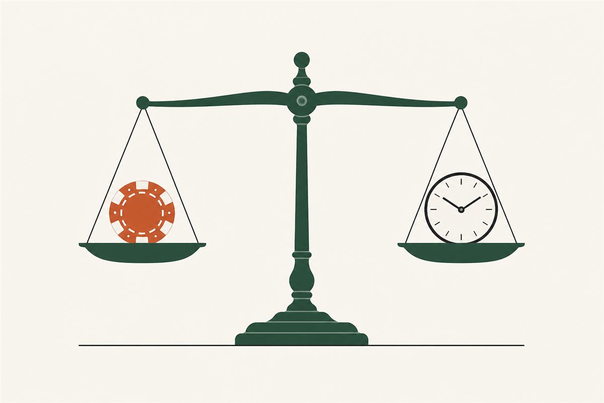 Flat illustration of a level balance scale with a casino chip on one pan and a clock on the other