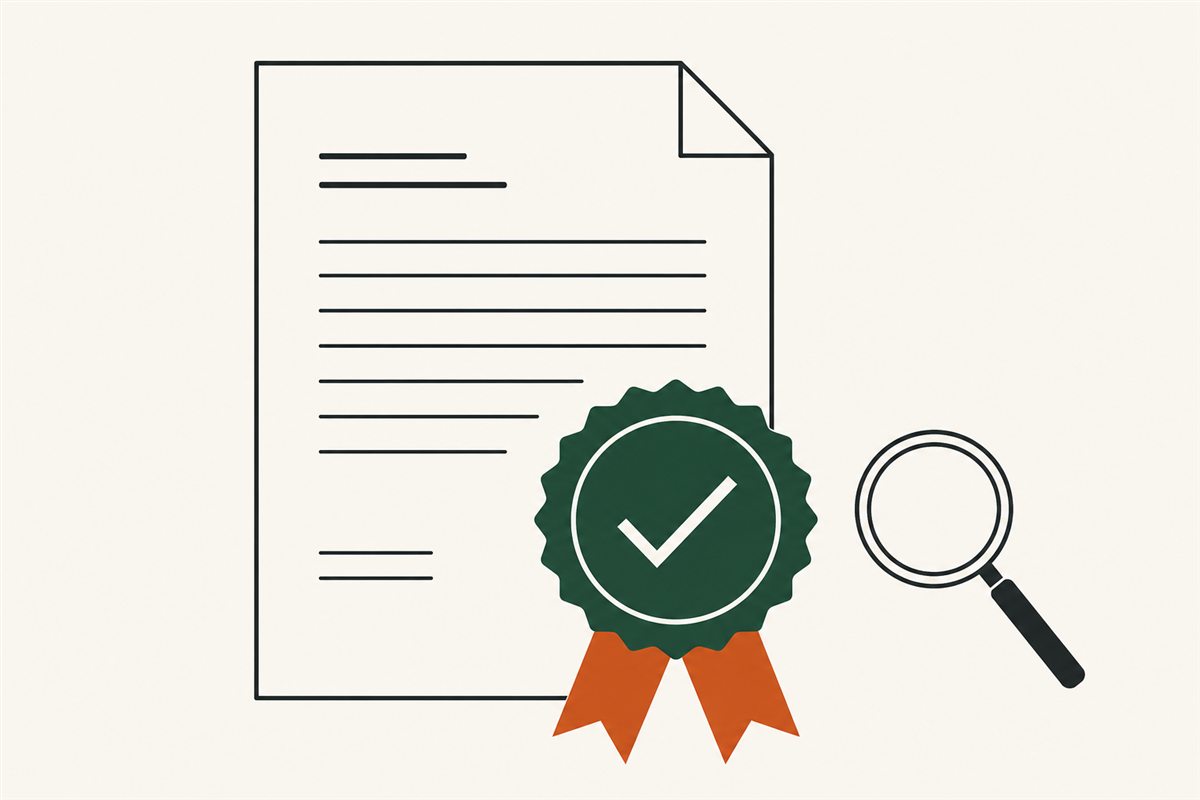 Flat illustration of a certificate document with a ribbon seal and a magnifying glass