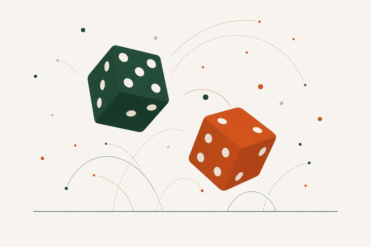 Flat illustration of two dice tumbling mid-air among dots and arc lines